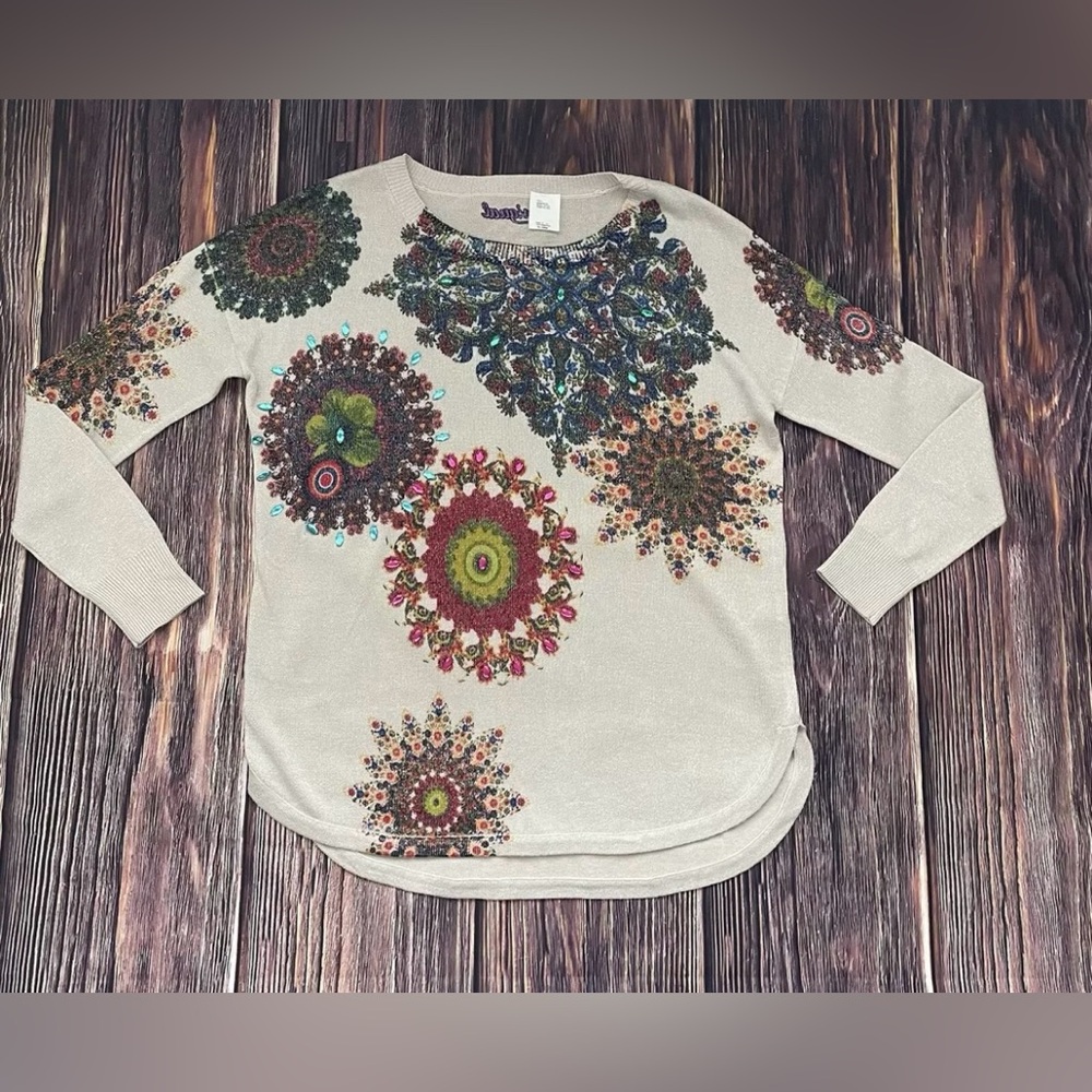 Desigual Women's Sweater Size M Cream Floral Round Neck Pullover